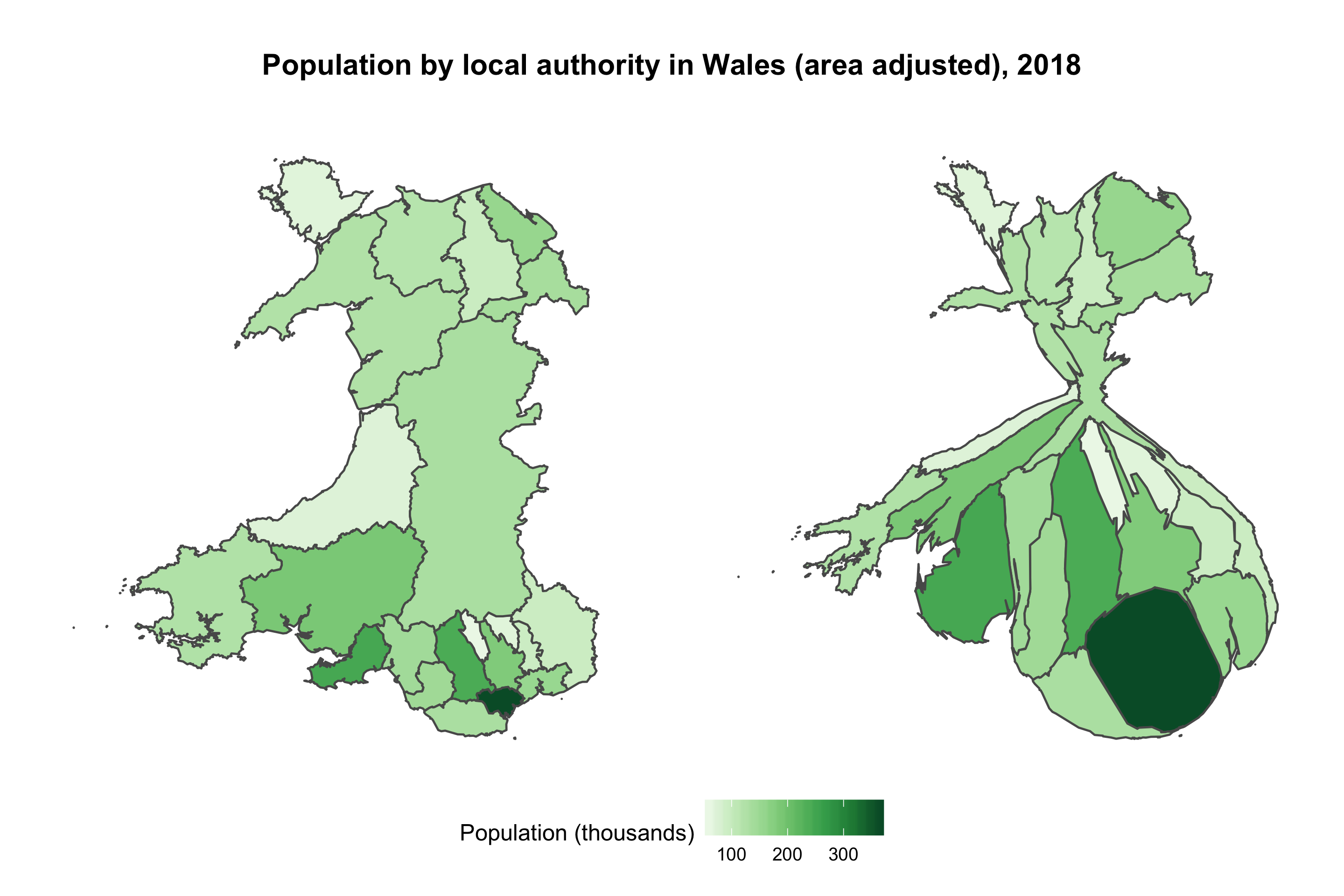 Population by local authority in Wales (area adjusted), 2018